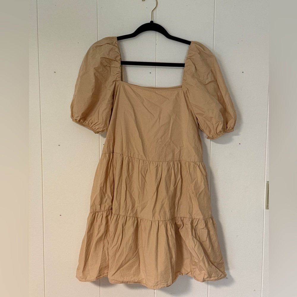 H&M 100% cotton puff sleeve dress tan beige size small S